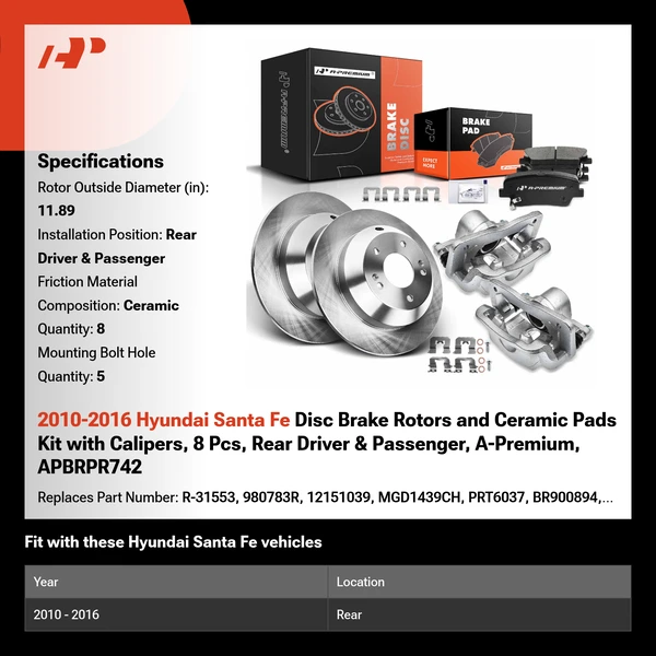 2010-2016 Hyundai Santa Fe Disc Brake Rotors and Ceramic Pads Kit with Calipers, 8 Pcs, Rear Driver & Passenger, A-Premium, APBRPR742
