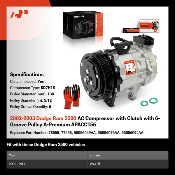 2002-2003 Dodge Ram 2500 AC Compressor with Clutch with 6-Groove Pulley A-Premium APACC156