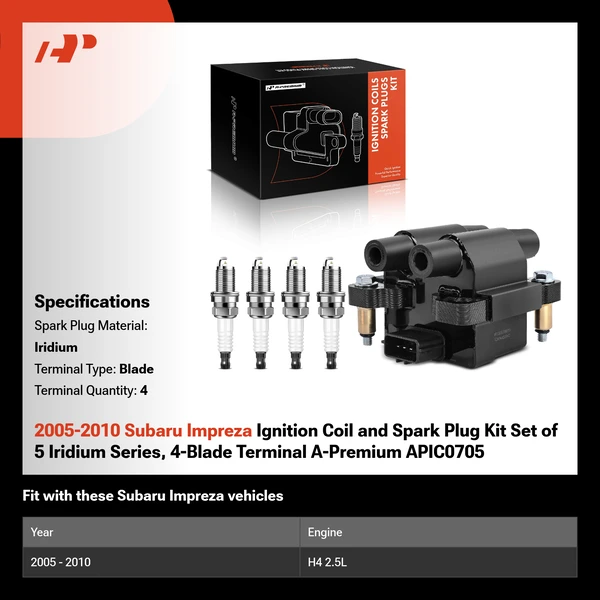 2005-2010 Subaru Impreza Ignition Coil and Spark Plug Kit Set of 5 Iridium Series, 4-Blade Terminal A-Premium APIC0705