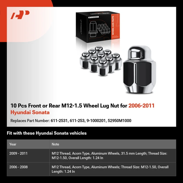 10 Pcs Front or Rear M12-1.5 Wheel Lug Nut for 2006-2011 Hyundai Sonata
