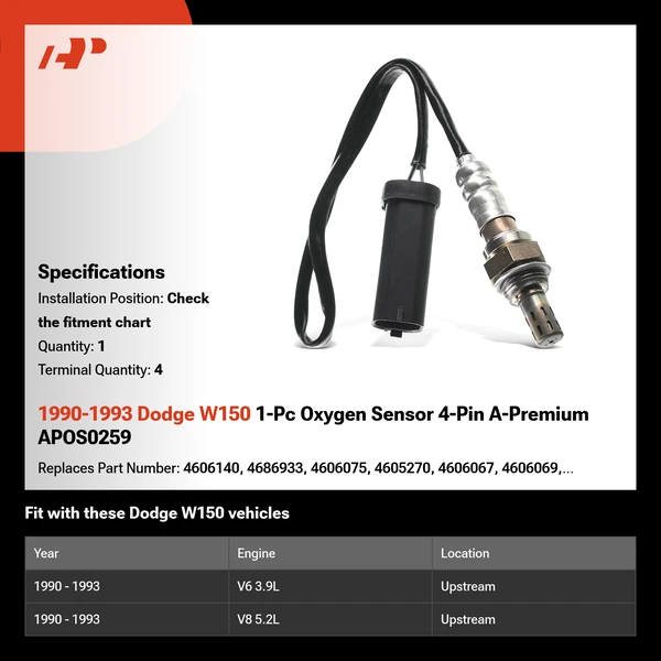 1990-1993 Dodge W150 1-Pc Oxygen Sensor 4-Pin A-Premium APOS0259