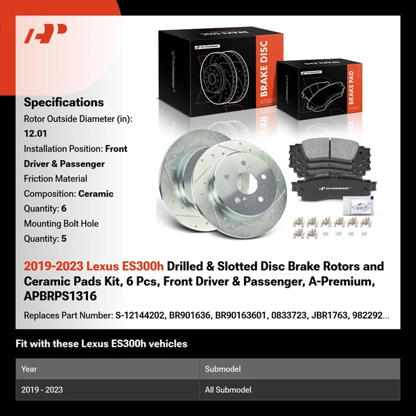 2019-2023 Lexus ES300h Drilled & Slotted Disc Brake Rotors and Ceramic Pads Kit, 6 Pcs, Front Driver & Passenger, A-Premium, APBRPS1316