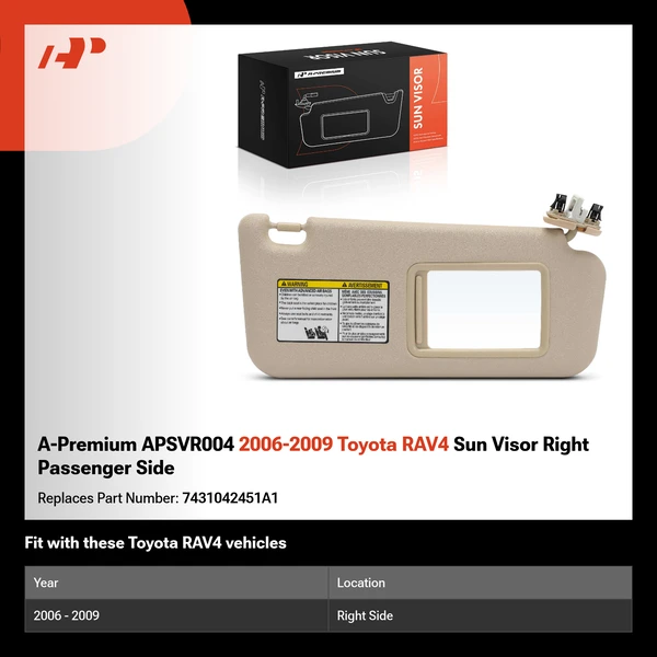 A-Premium APSVR004 2006-2009 Toyota RAV4 Sun Visor Right Passenger Side