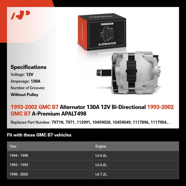 1993-2002 GMC B7 Alternator 130A 12V Bi-Directional 1993-2002 GMC B7 A-Premium APALT498