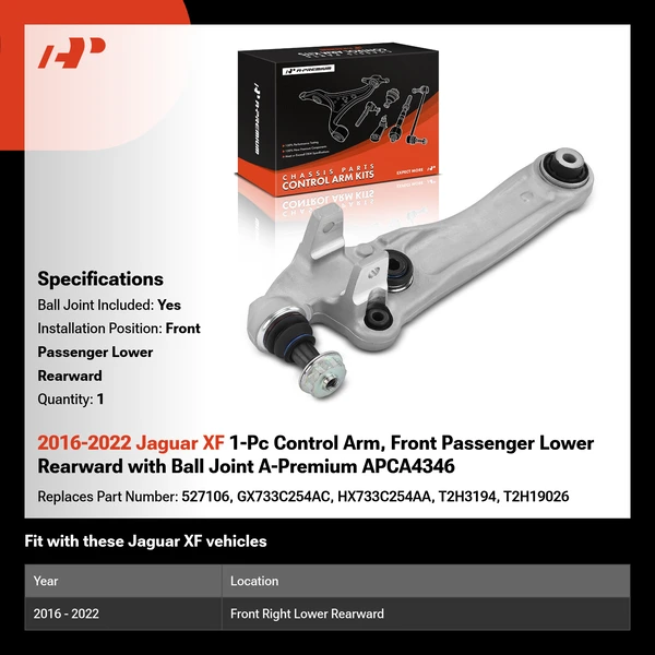 2016-2022 Jaguar XF 1-Pc Control Arm, Front Passenger Lower Rearward with Ball Joint A-Premium APCA4346