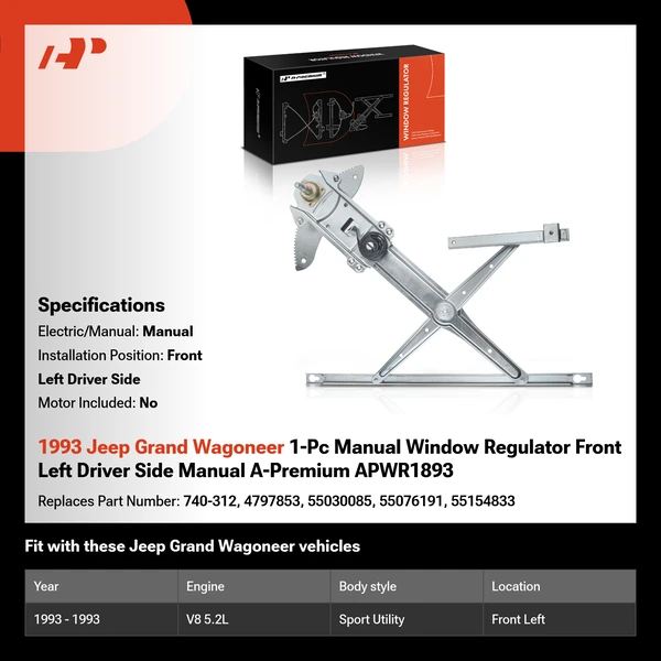 1993 Jeep Grand Wagoneer 1-Pc Manual Window Regulator Front Left Driver Side Manual A-Premium APWR1893