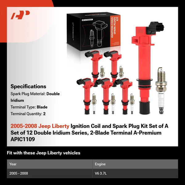 2005-2008 Jeep Liberty Ignition Coil and Spark Plug Kit Set of A Set of 12 Double Iridium Series, 2-Blade Terminal A-Premium APIC1109