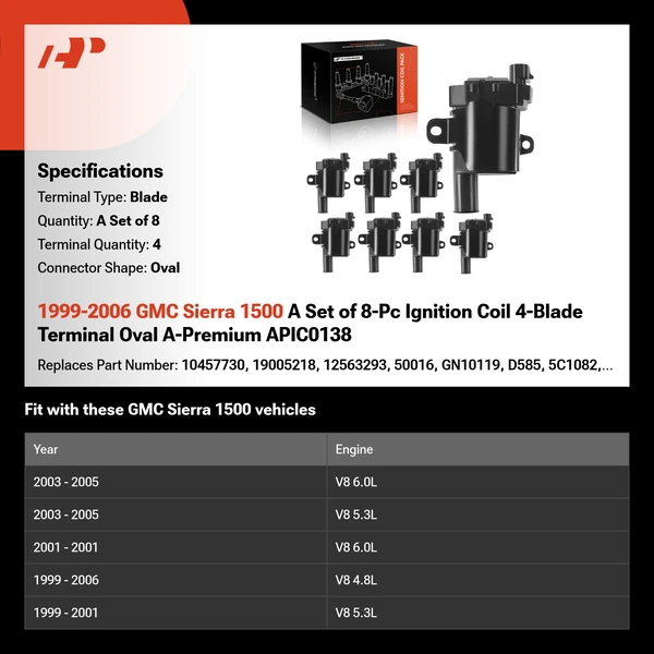 1999-2006 GMC Sierra 1500 A Set of 8-Pc Ignition Coil 4-Blade Terminal Oval A-Premium APIC0138