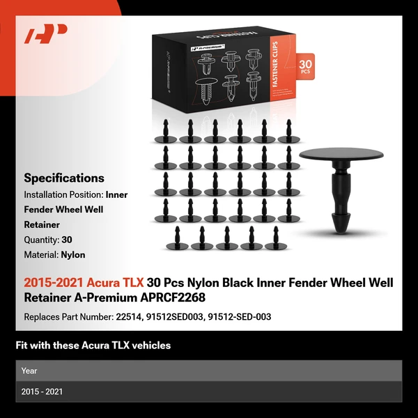 2015-2021 Acura TLX 30 Pcs Nylon Black Inner Fender Wheel Well Retainer A-Premium APRCF2268
