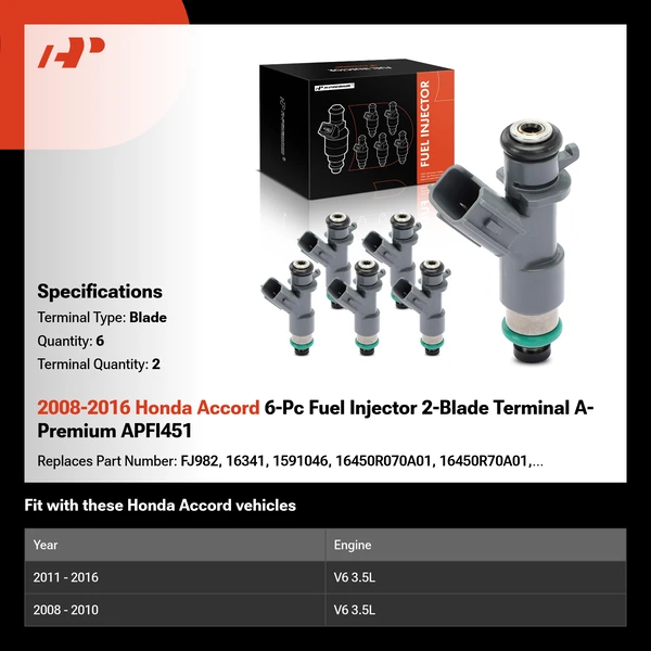 2008-2016 Honda Accord 6-Pc Fuel Injector 2-Blade Terminal A-Premium APFI451