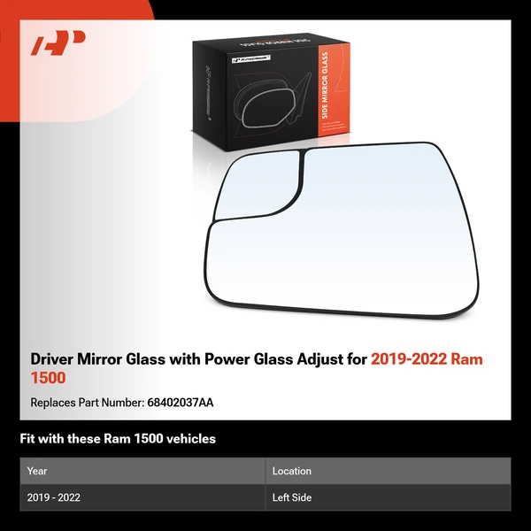 Driver Mirror Glass with Power Glass Adjust for 2019-2022 Ram 1500