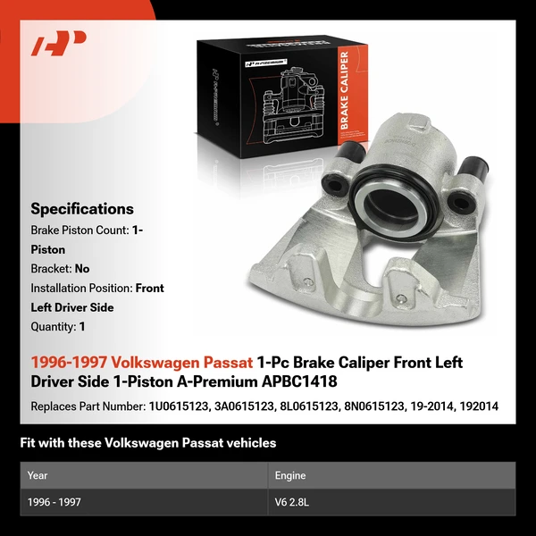 1996-1997 Volkswagen Passat 1-Pc Brake Caliper Front Left Driver Side 1-Piston A-Premium APBC1418