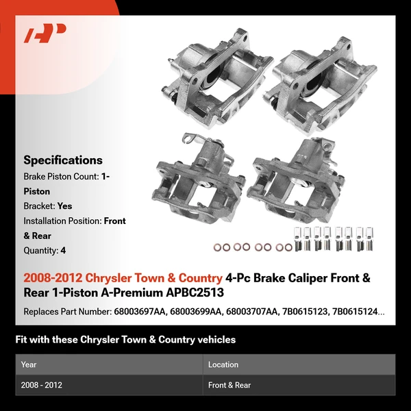 2008-2012 Chrysler Town & Country 4-Pc Brake Caliper Front & Rear 1-Piston A-Premium APBC2513