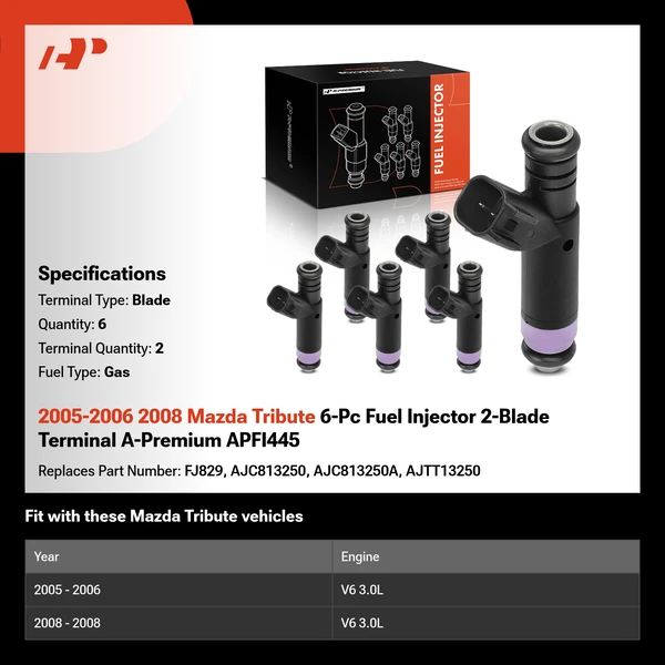 2005-2006 2008 Mazda Tribute 6-Pc Fuel Injector 2-Blade Terminal A-Premium APFI445