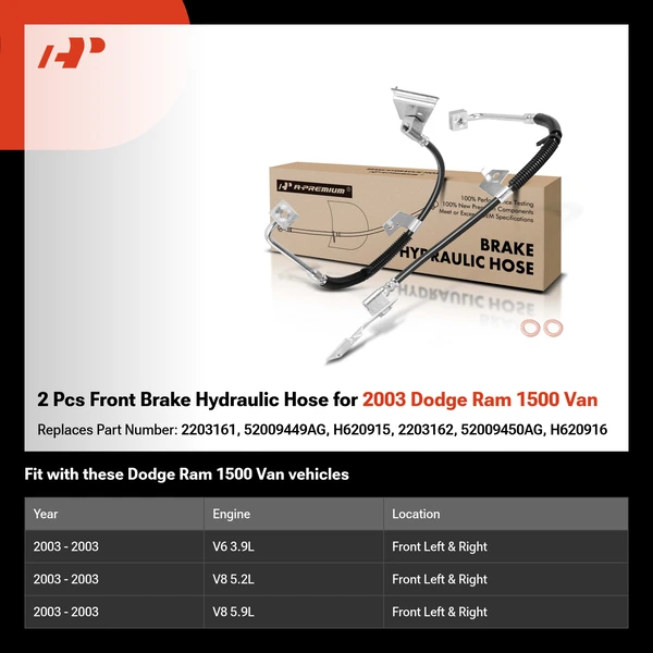2 Pcs Front Brake Hydraulic Hose for 2003 Dodge Ram 1500 Van