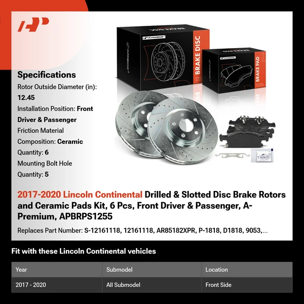2017-2020 Lincoln Continental Drilled & Slotted Disc Brake Rotors and Ceramic Pads Kit, 6 Pcs, Front Driver & Passenger, A-Premium, APBRPS1255