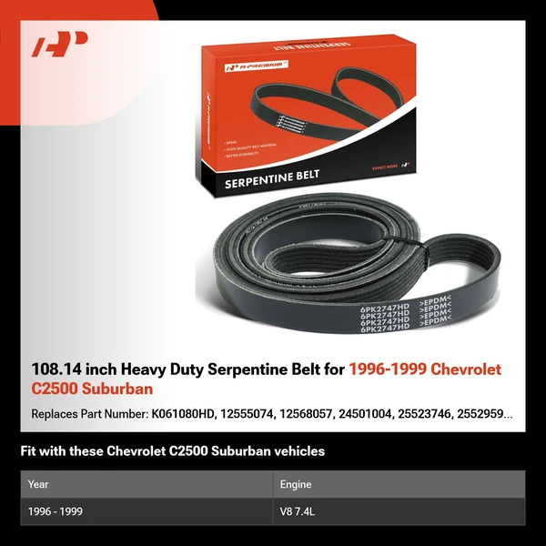108.14 inch Heavy Duty Serpentine Belt for 1996-1999 Chevrolet C2500 Suburban