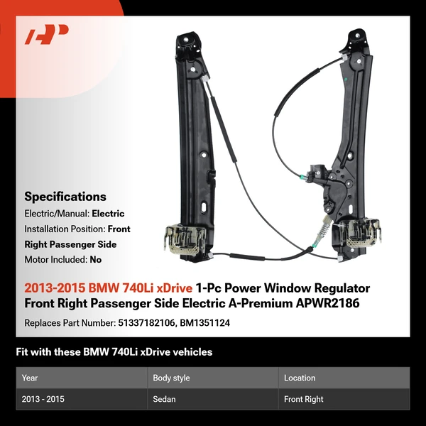 2013-2015 BMW 740Li xDrive 1-Pc Power Window Regulator Front Right Passenger Side Electric A-Premium APWR2186