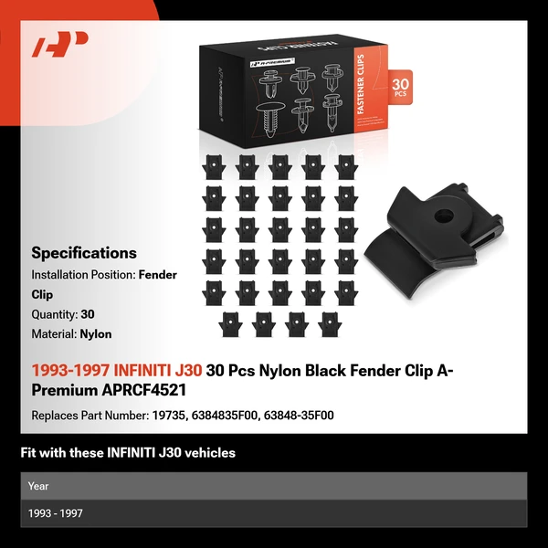1993-1997 INFINITI J30 30 Pcs Nylon Black Fender Clip A-Premium APRCF4521