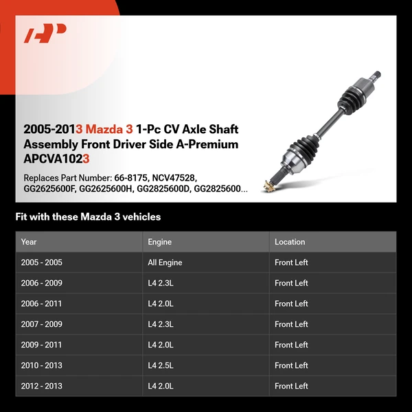 2005-2013 Mazda 3 1-Pc CV Axle Shaft Assembly Front Driver Side A-Premium APCVA1023