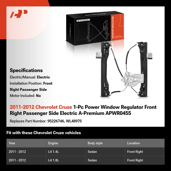 2011-2012 Chevrolet Cruze 1-Pc Power Window Regulator Front Right Passenger Side Electric A-Premium APWR0455
