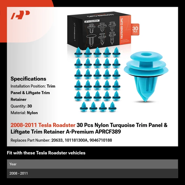 2008-2011 Tesla Roadster 30 Pcs Nylon Turquoise Trim Panel & Liftgate Trim Retainer A-Premium APRCF389
