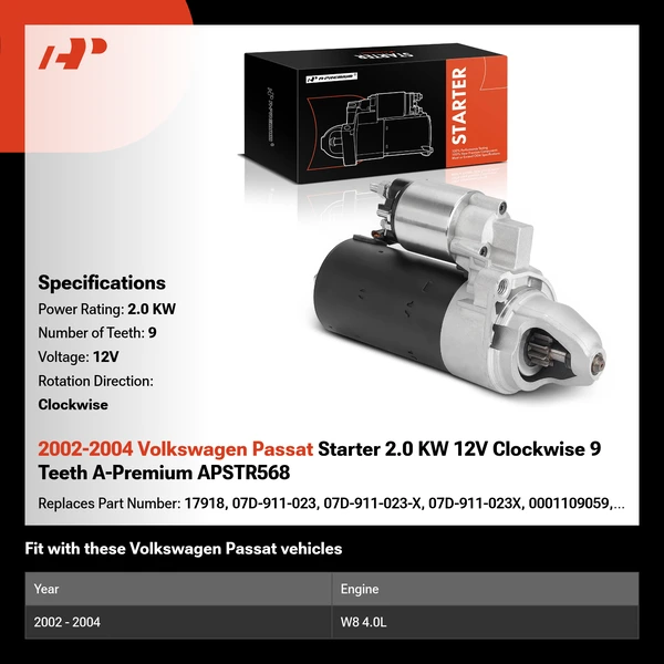 2002-2004 Volkswagen Passat Starter 2.0 KW 12V Clockwise 9 Teeth A-Premium APSTR568