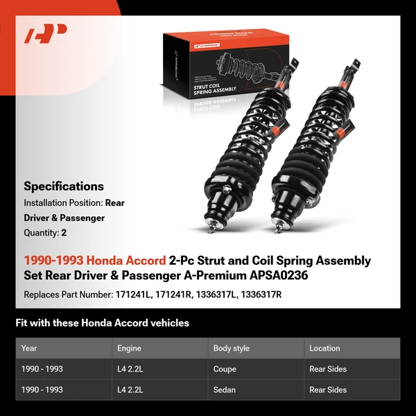 1990-1993 Honda Accord 2-Pc Strut and Coil Spring Assembly Set Rear Driver & Passenger A-Premium APSA0236