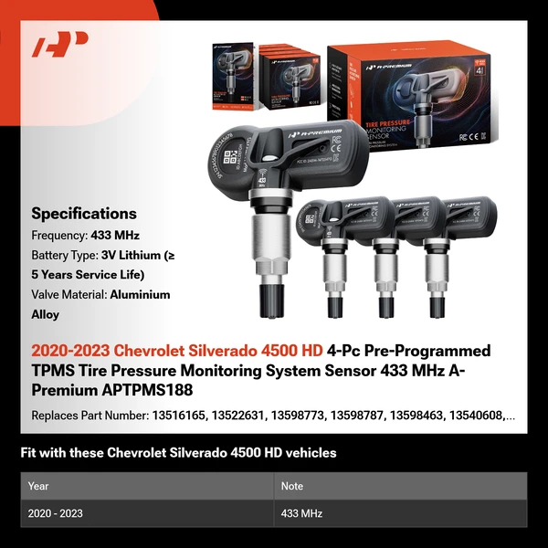 2020-2023 Chevrolet Silverado 4500 HD 4-Pc Pre-Programmed TPMS Tire Pressure Monitoring System Sensor 433 MHz A-Premium APTPMS188