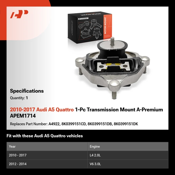 2010-2017 Audi A5 Quattro 1-Pc Transmission Mount A-Premium APEM1714