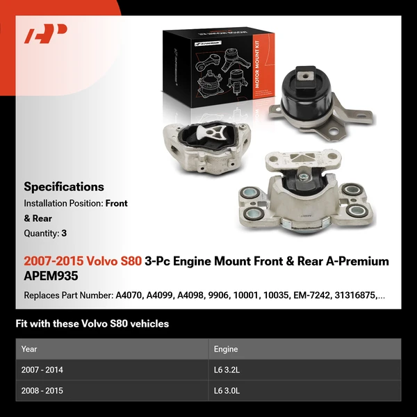 2007-2015 Volvo S80 3-Pc Engine Mount Front & Rear A-Premium APEM935