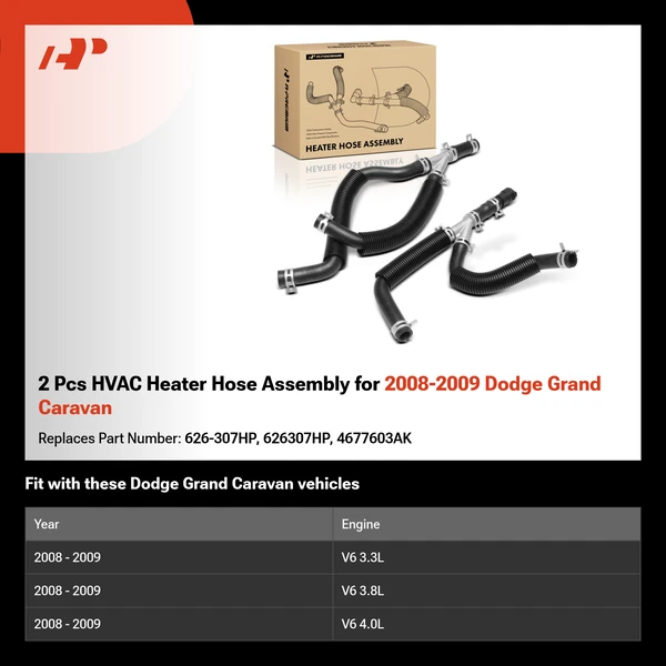 2 Pcs HVAC Heater Hose Assembly for 2008-2009 Dodge Grand Caravan