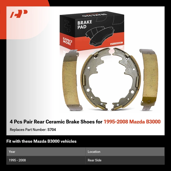 4 Pcs Pair Rear Ceramic Brake Shoes for 1995-2008 Mazda B3000