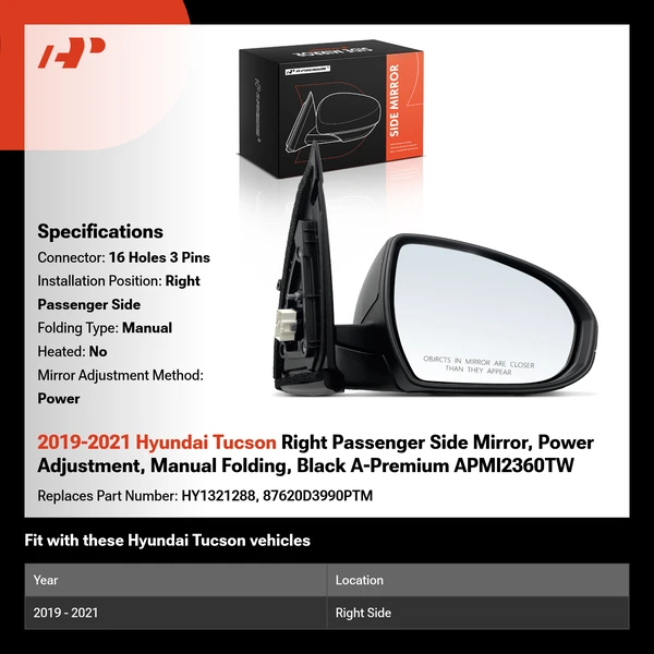 2019-2021 Hyundai Tucson Right Passenger Side Mirror, Power Adjustment, Manual Folding, Black A-Premium APMI2360TW