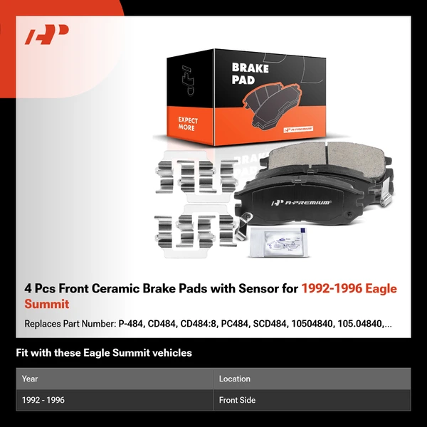 4 Pcs Front Ceramic Brake Pads with Sensor for 1992-1996 Eagle Summit