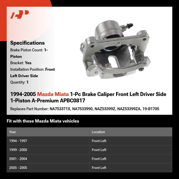 1994-2005 Mazda Miata 1-Pc Brake Caliper Front Left Driver Side 1-Piston A-Premium APBC0817