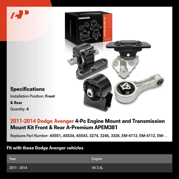 2011-2014 Dodge Avenger 4-Pc Engine Mount and Transmission Mount Kit Front & Rear A-Premium APEM381