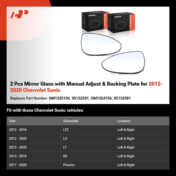 2 Pcs Mirror Glass with Manual Adjust & Backing Plate for 2012-2020 Chevrolet Sonic
