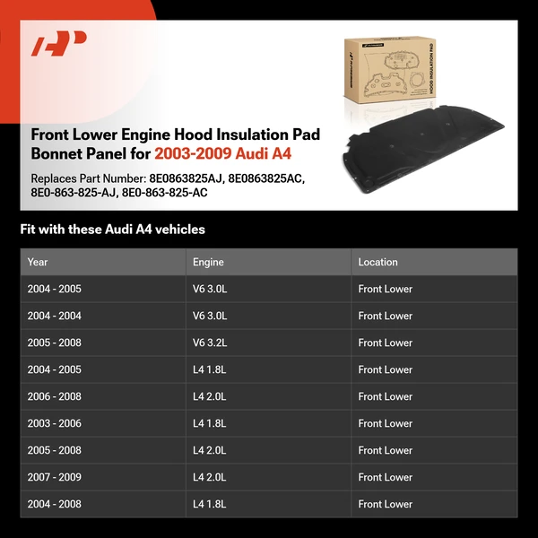 Front Lower Engine Hood Insulation Pad Bonnet Panel for 2003-2009 Audi A4