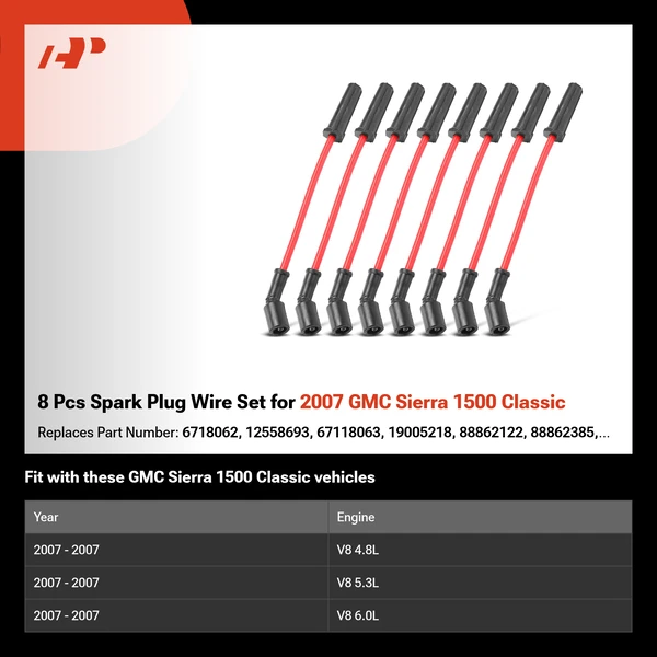 8 Pcs Spark Plug Wire Set for 2007 GMC Sierra 1500 Classic