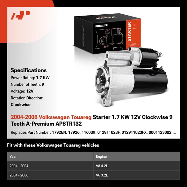 2004-2006 Volkswagen Touareg Starter 1.7 KW 12V Clockwise 9 Teeth A-Premium APSTR132