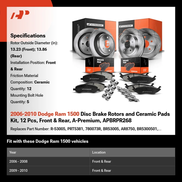 2006-2010 Dodge Ram 1500 Disc Brake Rotors and Ceramic Pads Kit, 12 Pcs, Front & Rear, A-Premium, APBRPR268