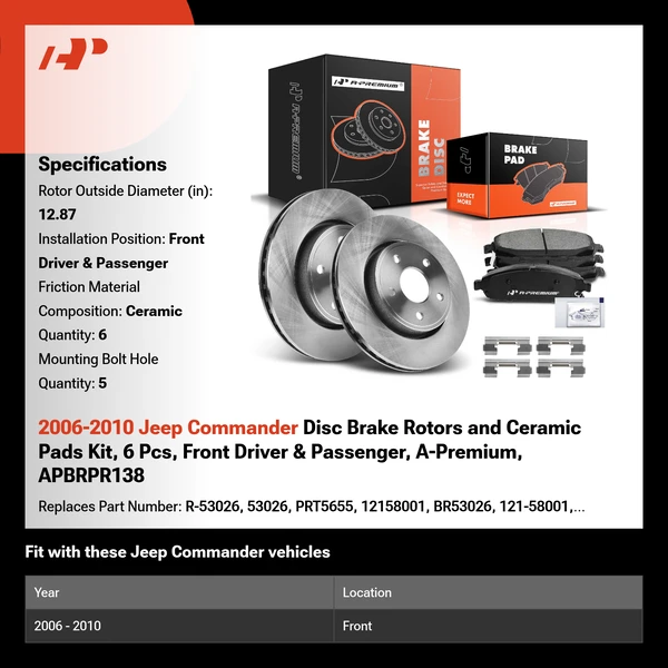 2006-2010 Jeep Commander Disc Brake Rotors and Ceramic Pads Kit, 6 Pcs, Front Driver & Passenger, A-Premium, APBRPR138