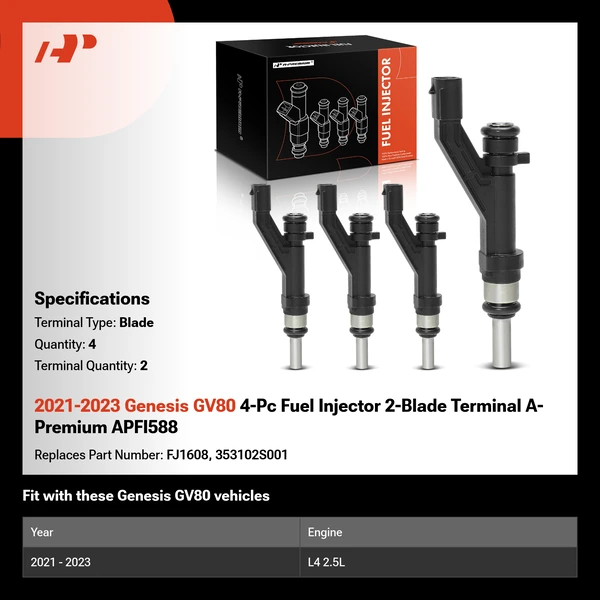 2021-2023 Genesis GV80 4-Pc Fuel Injector 2-Blade Terminal A-Premium APFI588