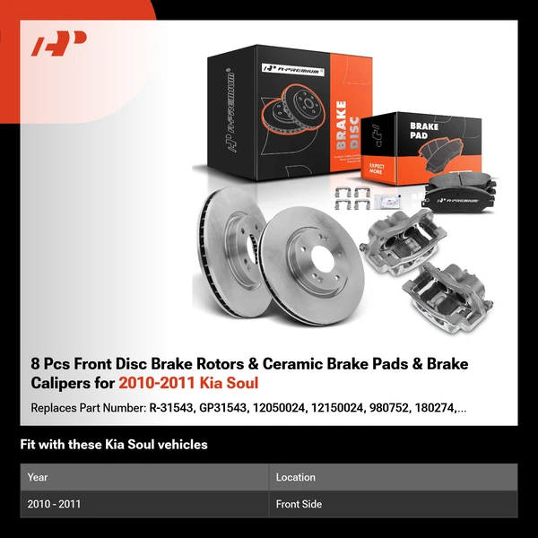 8 Pcs Front Disc Brake Rotors & Ceramic Brake Pads & Brake Calipers for 2010-2011 Kia Soul
