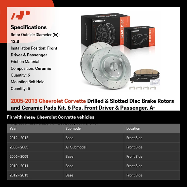 2005-2013 Chevrolet Corvette Drilled & Slotted Disc Brake Rotors and Ceramic Pads Kit, 6 Pcs, Front Driver & Passenger, A-Premium, APBRPS1581