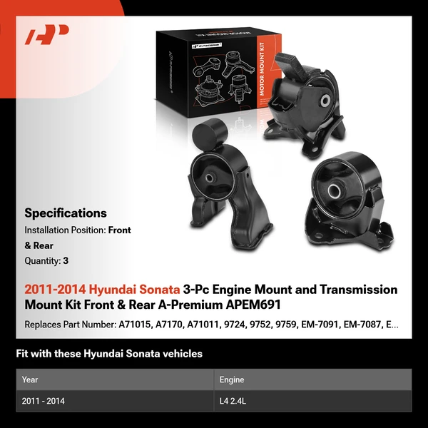 2011-2014 Hyundai Sonata 3-Pc Engine Mount and Transmission Mount Kit Front & Rear A-Premium APEM691
