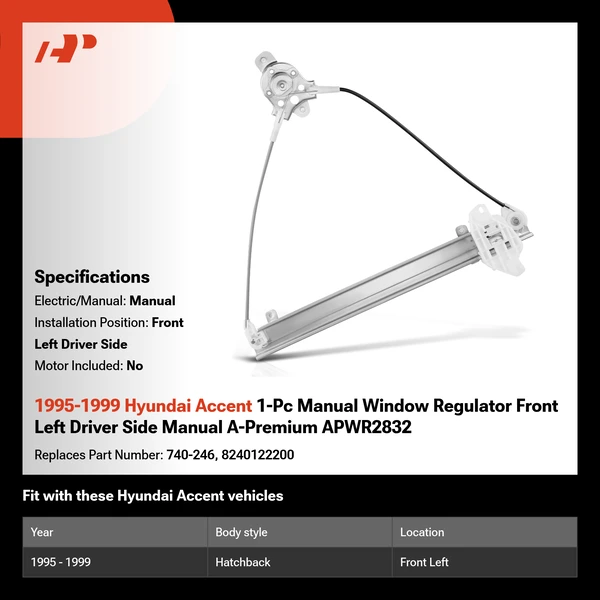 1995-1999 Hyundai Accent 1-Pc Manual Window Regulator Front Left Driver Side Manual A-Premium APWR2832