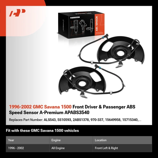 1996-2002 GMC Savana 1500 Front Driver & Passenger ABS Speed Sensor A-Premium APABS3540