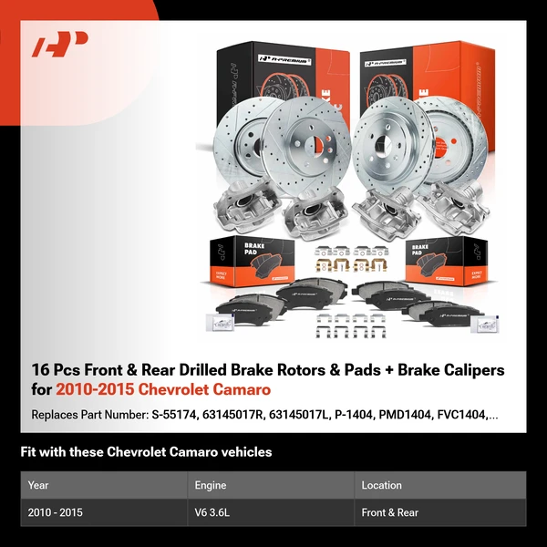 16 Pcs Front & Rear Drilled Brake Rotors & Pads + Brake Calipers for 2010-2015 Chevrolet Camaro